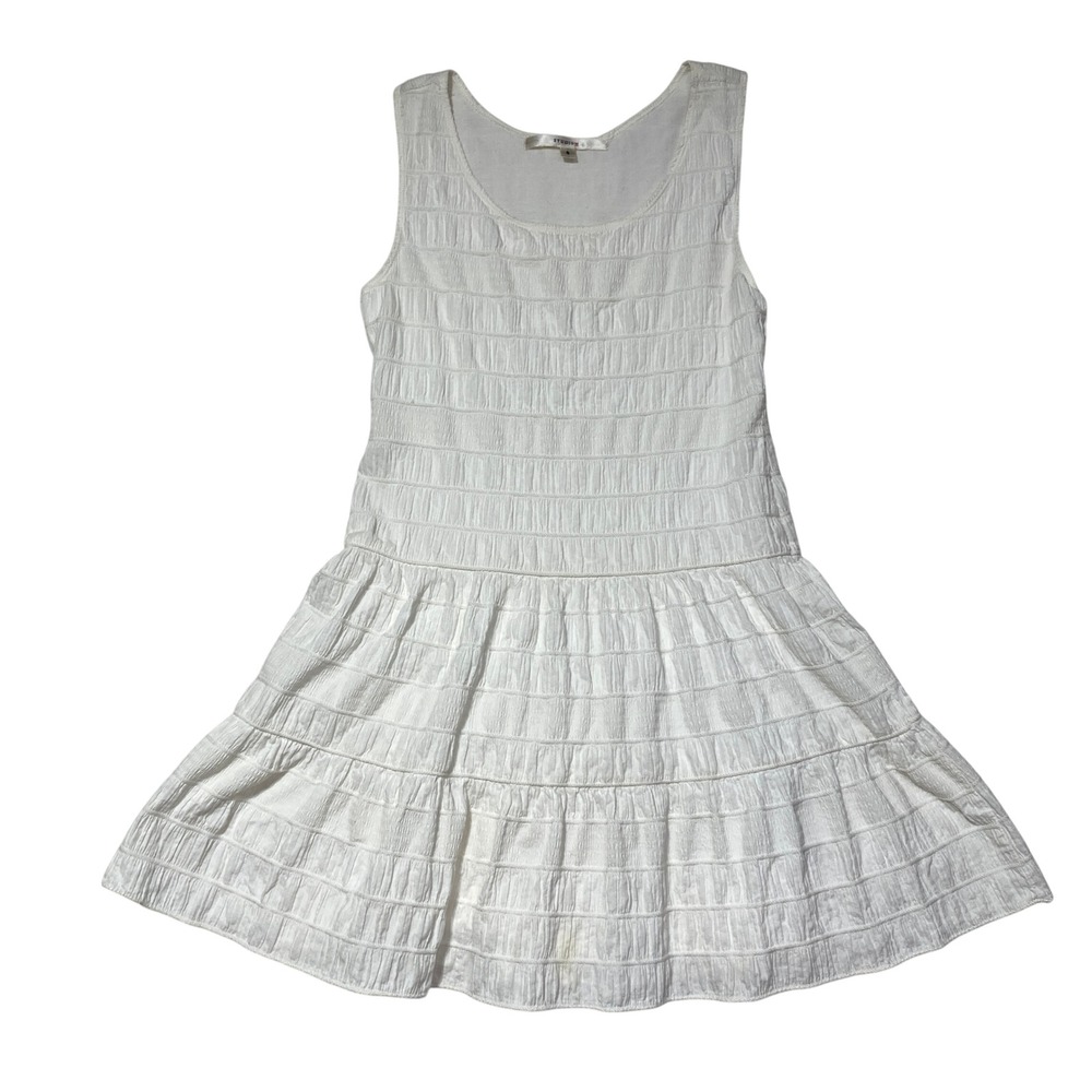 Studio M Womens White Crinkle Tiered Fit Flare Sleeveless Summer Dress Sz S